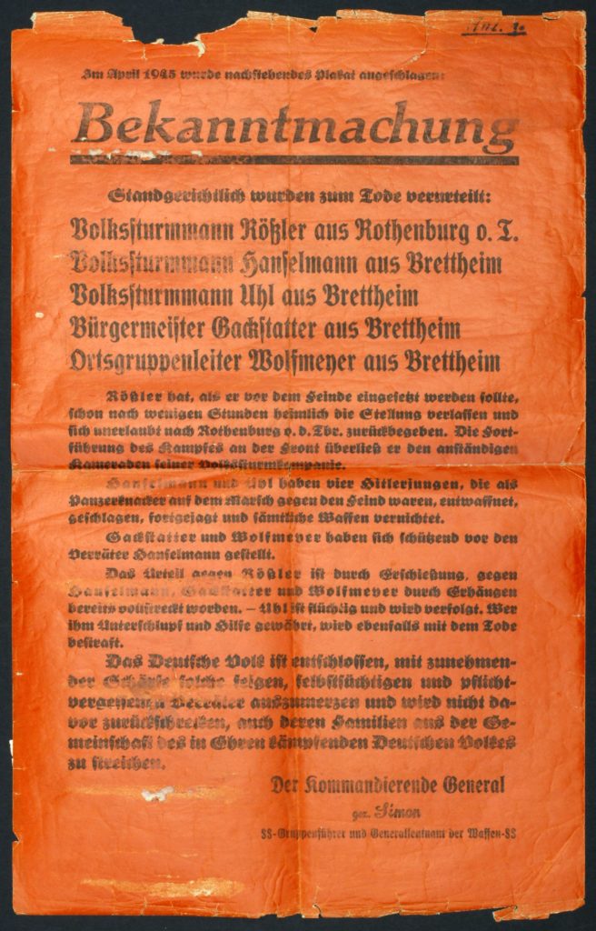 Flugblatt der Waffen-SS nach der Hinrichtung von Brettheim